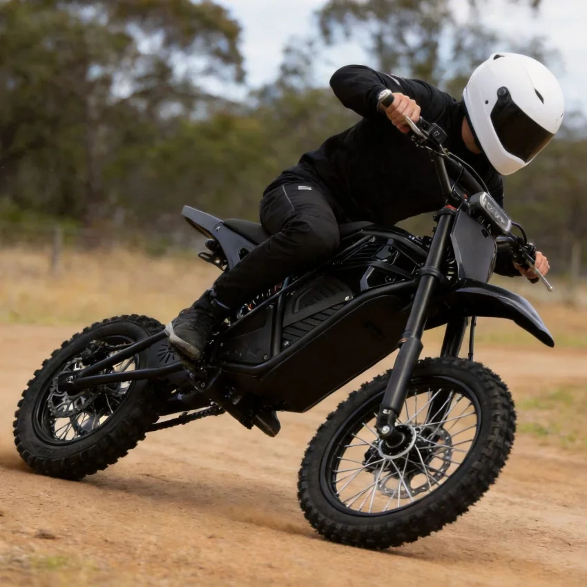 Electric dirt bike on a dirt riding surface