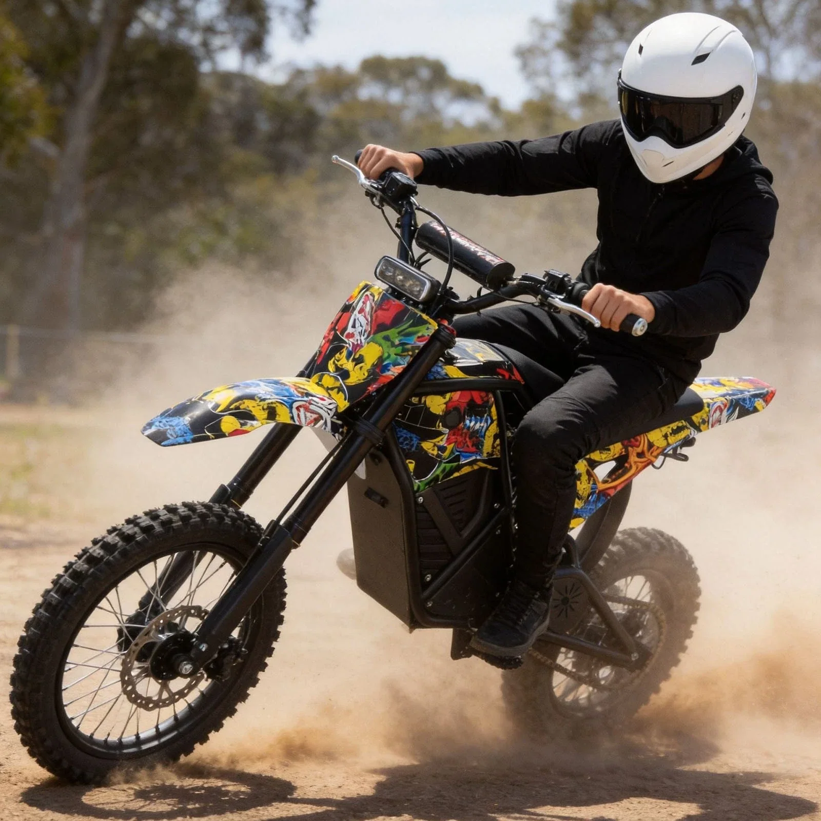 Graffiti-finish electric dirt bike in an off-road setting